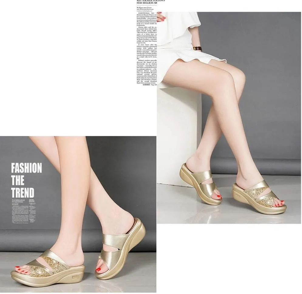 1 Pair Fish Mouth Sandals Single Band Slide Wedge Sexy Sequins Wedges Summer Backless Platform