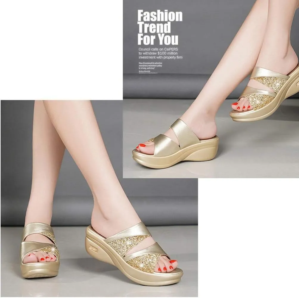 1 Pair Fish Mouth Sandals Single Band Slide Wedge Sexy Sequins Wedges Summer Backless Platform
