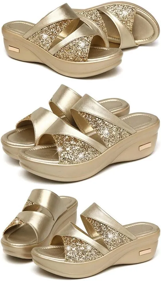 1 Pair Fish Mouth Sandals Single Band Slide Wedge Sexy Sequins Wedges Summer Backless Platform