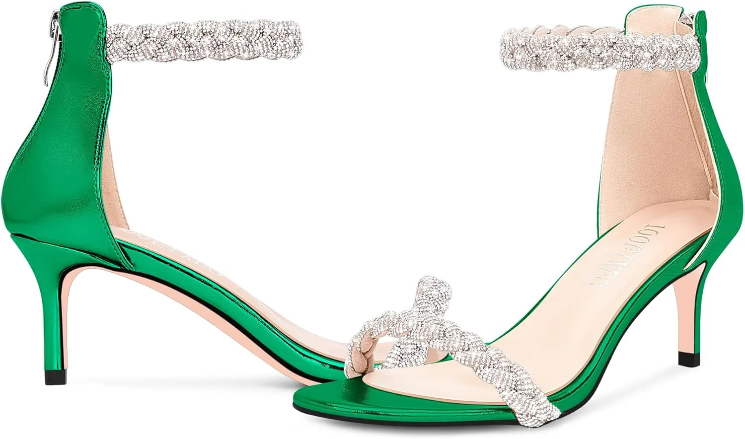 100FIXEO Women's Rhinestone Low Stiletto Heels Ankle Strap Open Toe Heeled Sandals Wedding Dress Shoes