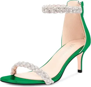 100FIXEO Women's Rhinestone Low Stiletto Heels Ankle Strap Open Toe Heeled Sandals Wedding Dress Shoes