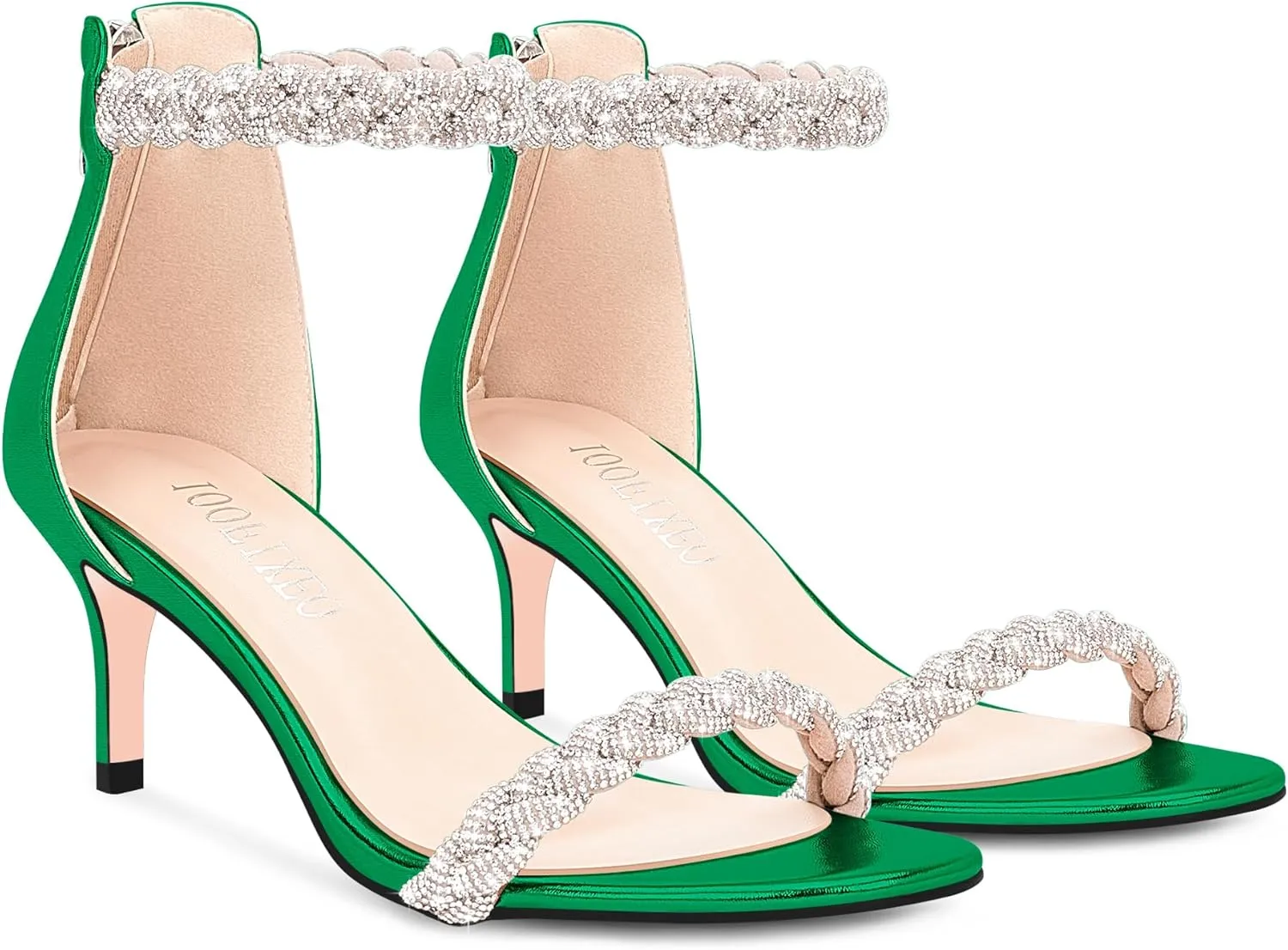 100FIXEO Women's Rhinestone Low Stiletto Heels Ankle Strap Open Toe Heeled Sandals Wedding Dress Shoes