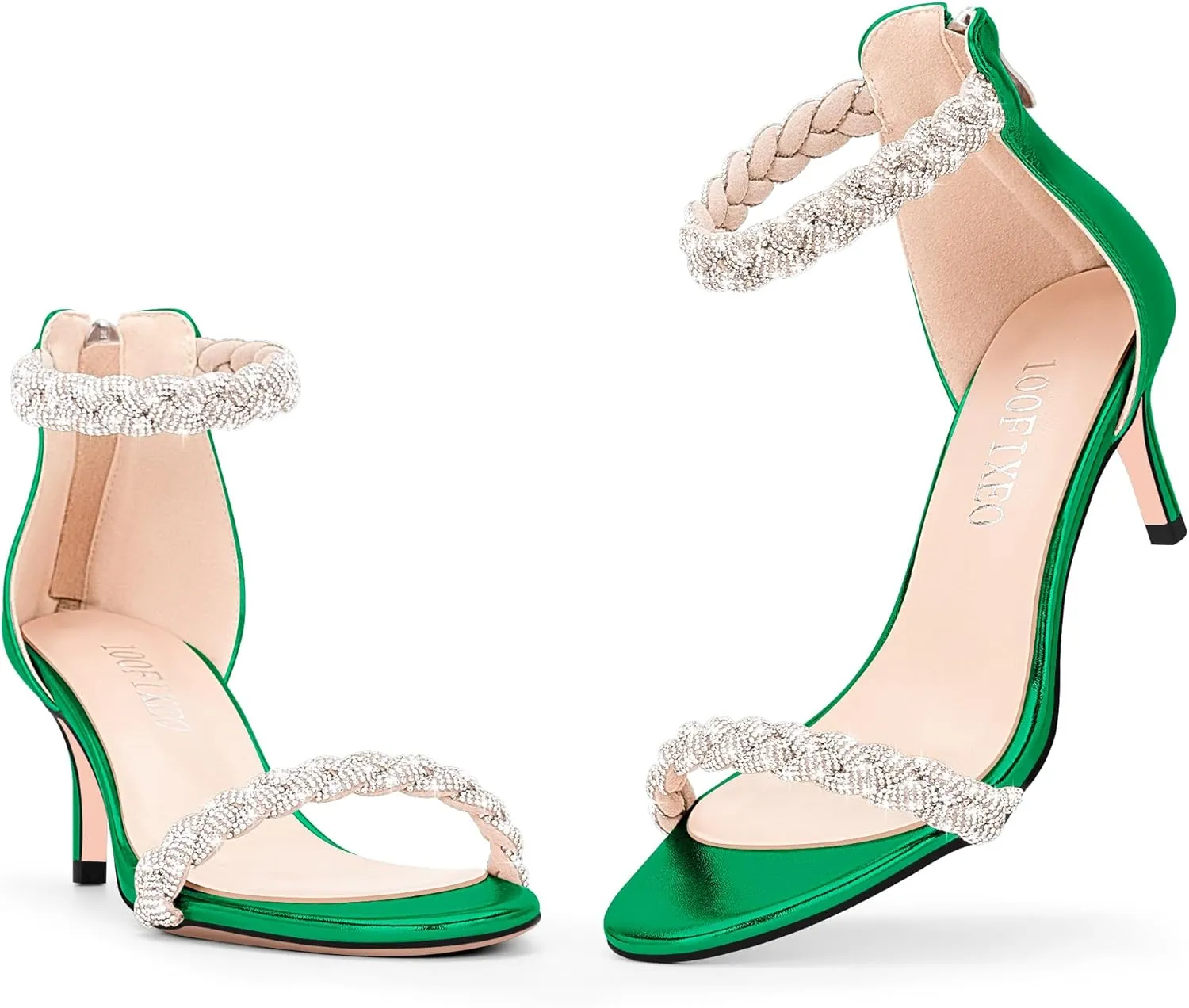 100FIXEO Women's Rhinestone Low Stiletto Heels Ankle Strap Open Toe Heeled Sandals Wedding Dress Shoes