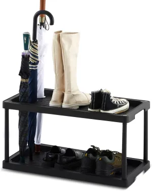 2 Tier Large Boot Tray with Umbrella Holder Plastic Shoe Rack Black Waterproof Boot Shoe Mat for Entryway All Weather Indoor Outdoor, 28 x 14.5 x 14.5 Inches