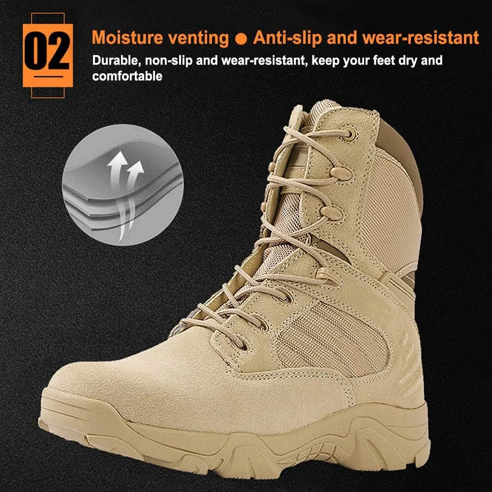 8 Inch Tactical Combat Boots for Men and Women, Side Zipper Military Work Boots, Non-Slip, Ankle Support, Durable for Hiking, Motorcycle, Construction and Outdoor Shoes
