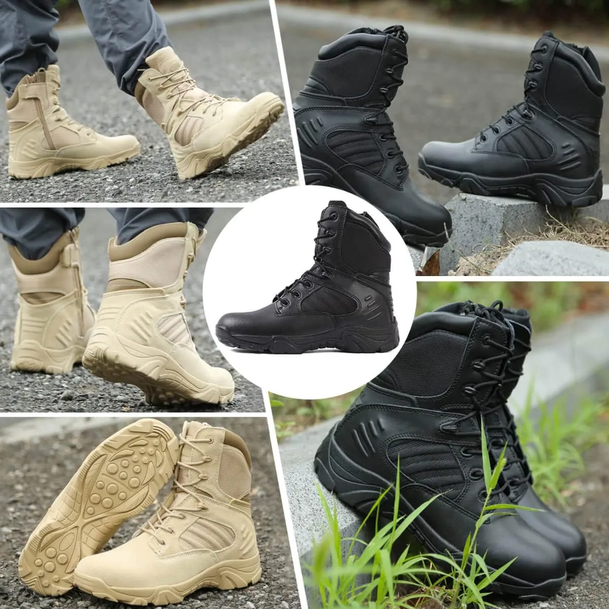 8 Inch Tactical Combat Boots for Men and Women, Side Zipper Military Work Boots, Non-Slip, Ankle Support, Durable for Hiking, Motorcycle, Construction and Outdoor Shoes