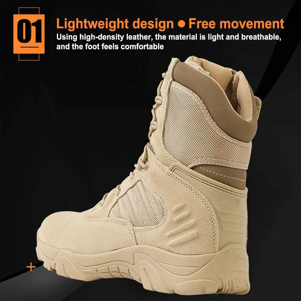 8 Inch Tactical Combat Boots for Men and Women, Side Zipper Military Work Boots, Non-Slip, Ankle Support, Durable for Hiking, Motorcycle, Construction and Outdoor Shoes