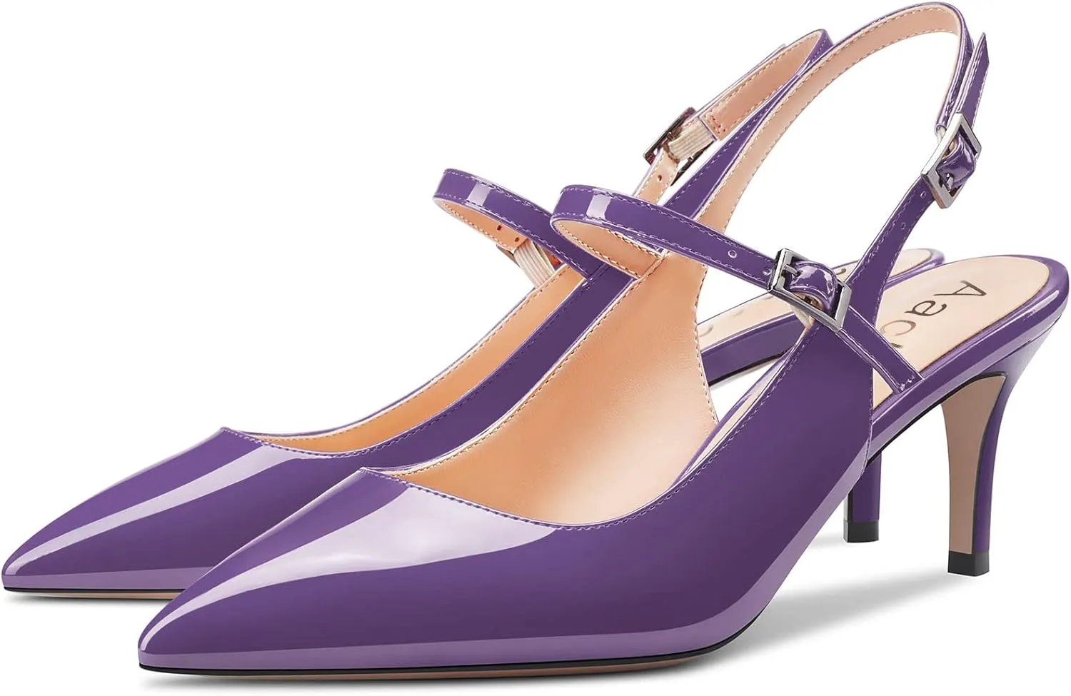 Aachcol Women Pumps Pointed Toe Ankle Strap Slingback Stiletto Kitten Low Heel Dress Shoes Patent Office Wedding Shopping 2.5 Inch