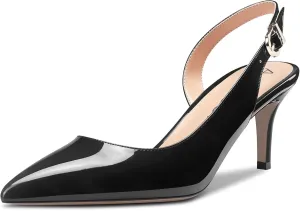 Aachcol Women Stiletto Mid Low Kitten Heel Pumps Ankle Strap Slingback Pointed Toe Dress Shoes Office Party Wedding Patent 2.5 Inch