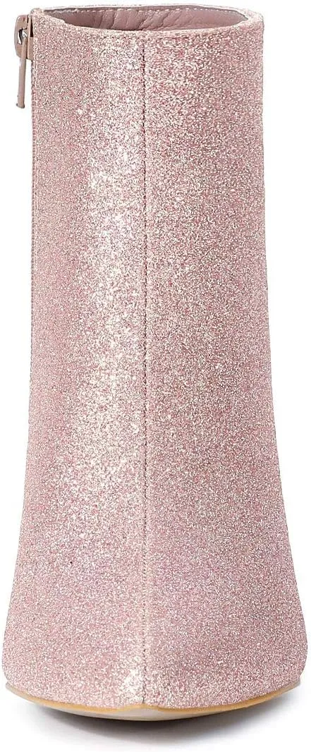 Allegra K Women's Glitter Pointed Toe Chunky Heel Ankle Boots