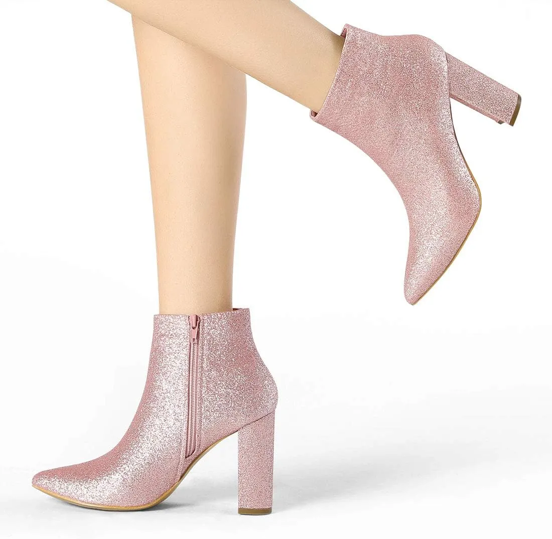 Allegra K Women's Glitter Pointed Toe Chunky Heel Ankle Boots