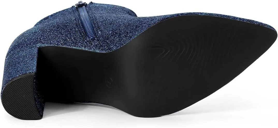 Allegra K Women's Glitter Pointed Toe Chunky Heel Ankle Boots
