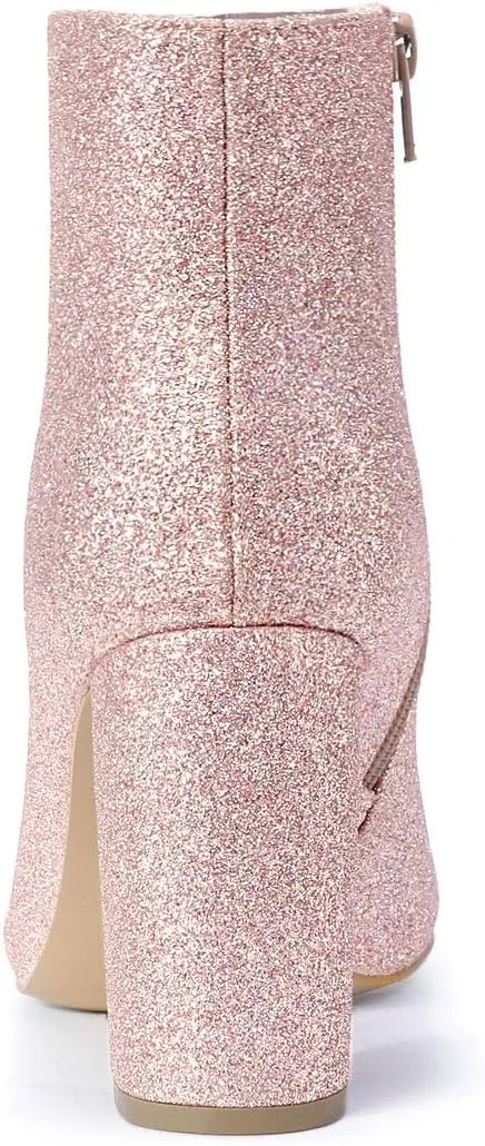 Allegra K Women's Glitter Pointed Toe Chunky Heel Ankle Boots