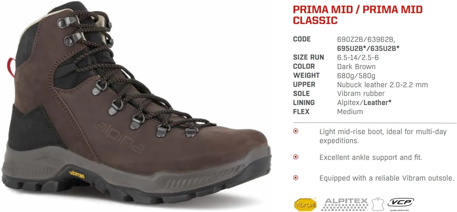 Alpina PRIMA Premium Men's Waterproof Boots | Leather Ankle High | Breathable Membrane | Vibram | All Weather Shoes | Made in Europe