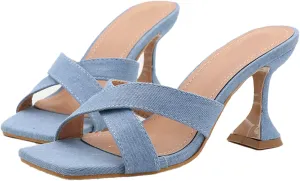 AMAZIDEAL Women's Denim Square Open Toe Kitten Heel Sandals,Summer Fashion Backless Slip-on Kitten Heels Mules,Sexy Party Dress Sandals