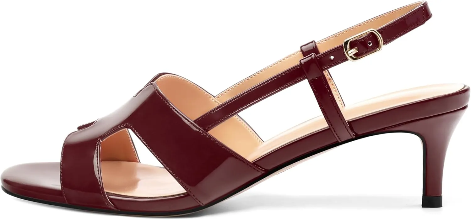 AMBELIGHT Womens Dressy Heels Buckle Dating Patent Slingback Pumps Open Toe Kitten Low Heel Heeled Sandals 2 Inch