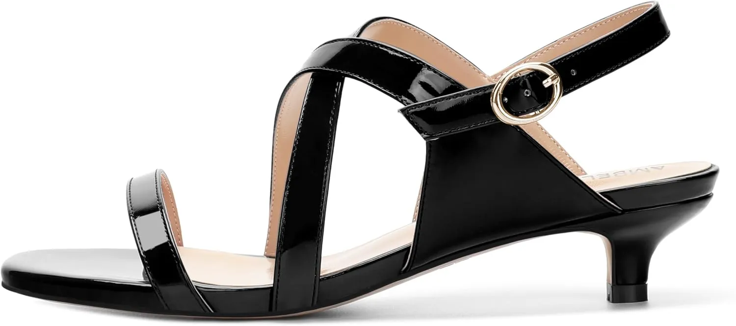 AMBELIGHT Womens Round Toe Cute Patent Open Slingback Party Buckle Kitten Low Heel Heeled Sandals 1.5 Inch