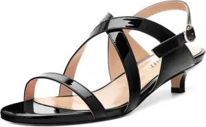 AMBELIGHT Womens Round Toe Cute Patent Open Slingback Party Buckle Kitten Low Heel Heeled Sandals 1.5 Inch