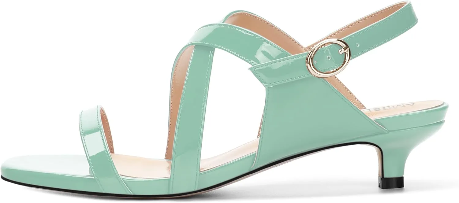 AMBELIGHT Womens Round Toe Cute Patent Open Slingback Party Buckle Kitten Low Heel Heeled Sandals 1.5 Inch