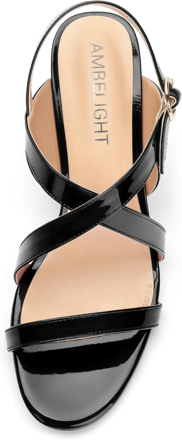 AMBELIGHT Womens Round Toe Cute Patent Open Slingback Party Buckle Kitten Low Heel Heeled Sandals 1.5 Inch