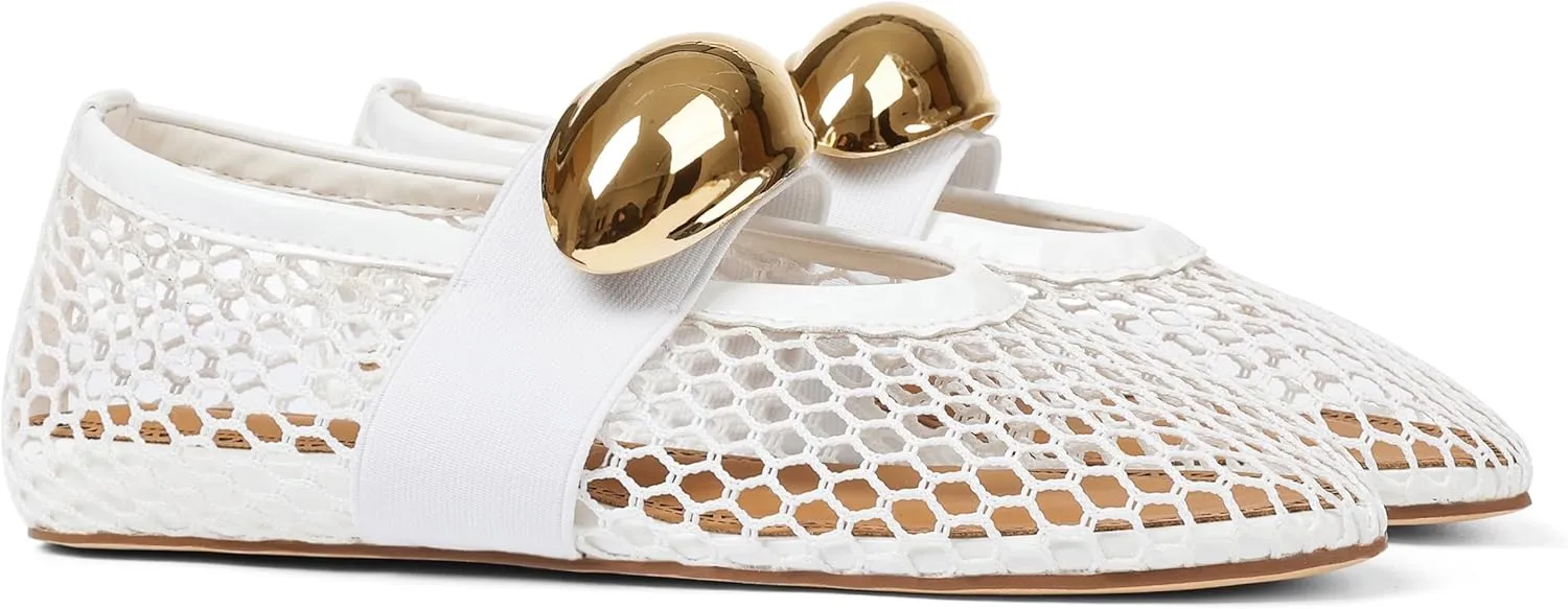 AMINUGAL Mesh Ballet Flats Shoes for Women Fashion Round Toe Fishnet Flats for Women Buckle Strap Mary Jane Shoes Women Comfortable Casual Office Daily Dress Ballerina Shoes