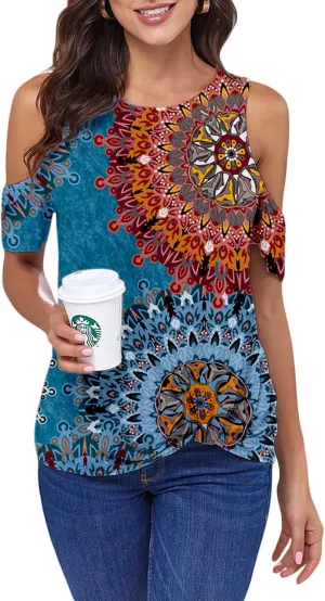 ANCAPELION Women’s Cold Shoulder Shirt Short Sleeve Round Neck T-Shirt Knot Twist Tee Blouse Casual Tops for Women