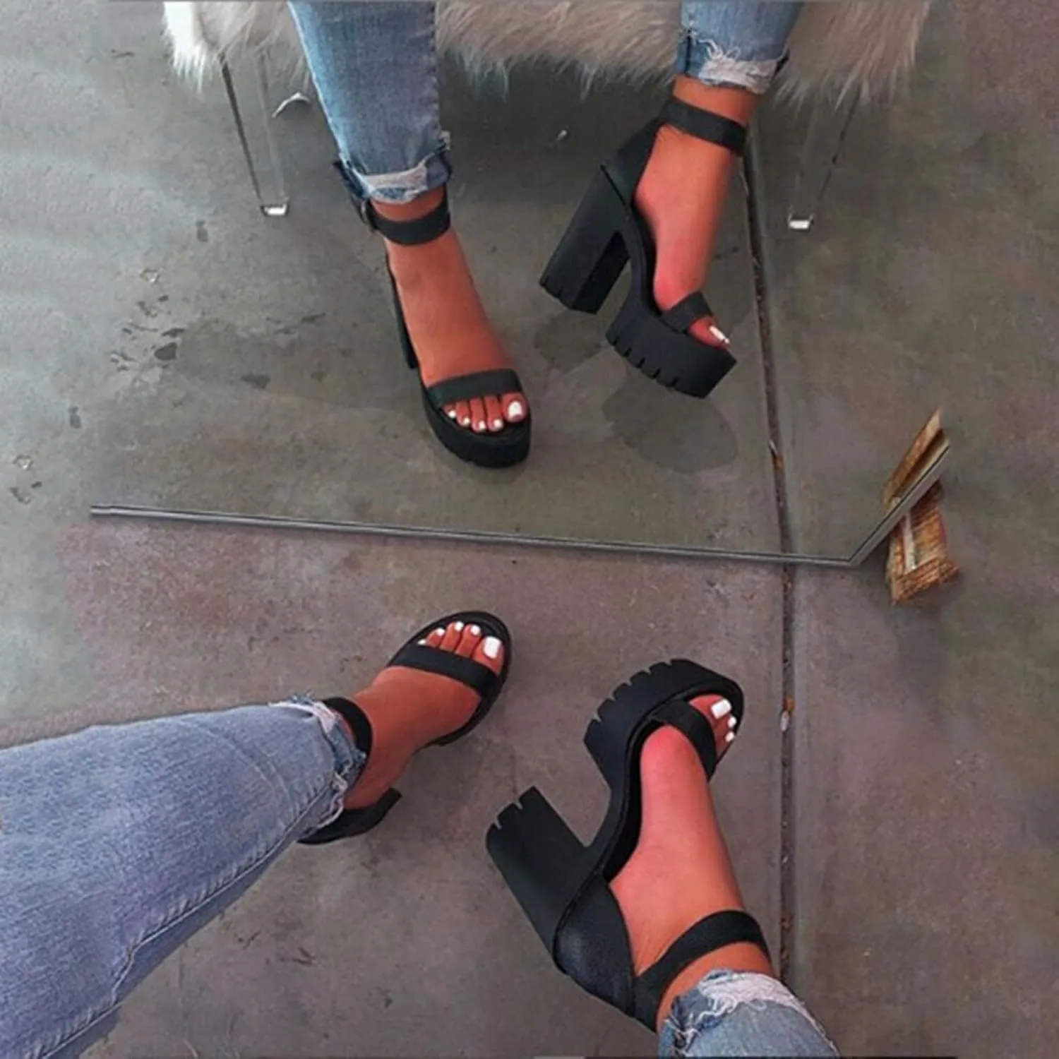 Aniywn Women's Chunky Heel Platform High Heels Shoes Sandals Clear Strappy Open Peep Toe Sandal