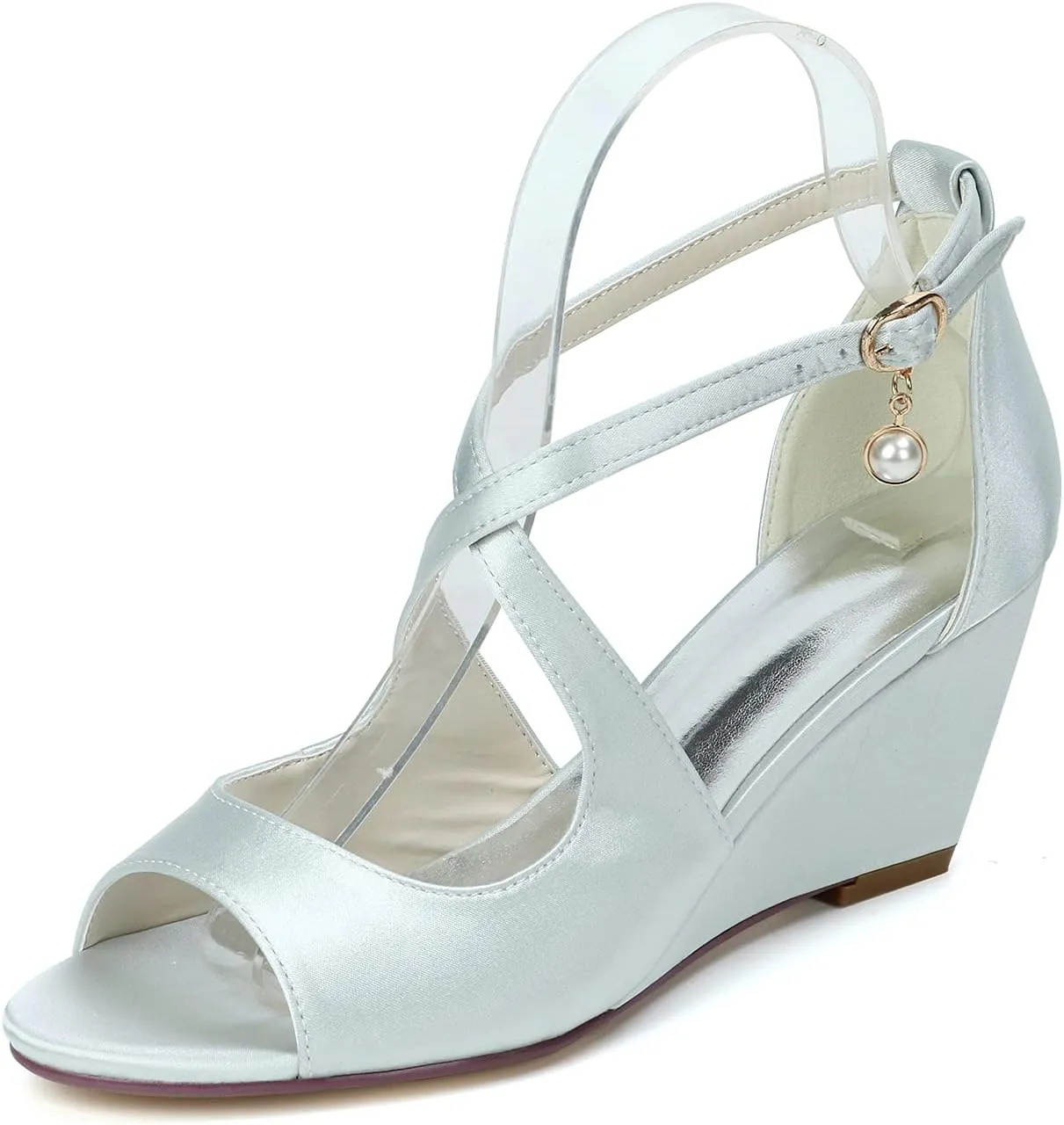 Anna's Bridal Women's Pearl Wedding Sandals for Bride Wedges Low Heel Comfortable Satin Shoes Peep Toe S Strap Formal Prom Party Shoes Sandals