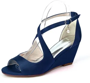 Anna's Bridal Women's Pearl Wedding Sandals for Bride Wedges Low Heel Comfortable Satin Shoes Peep Toe S Strap Formal Prom Party Shoes Sandals