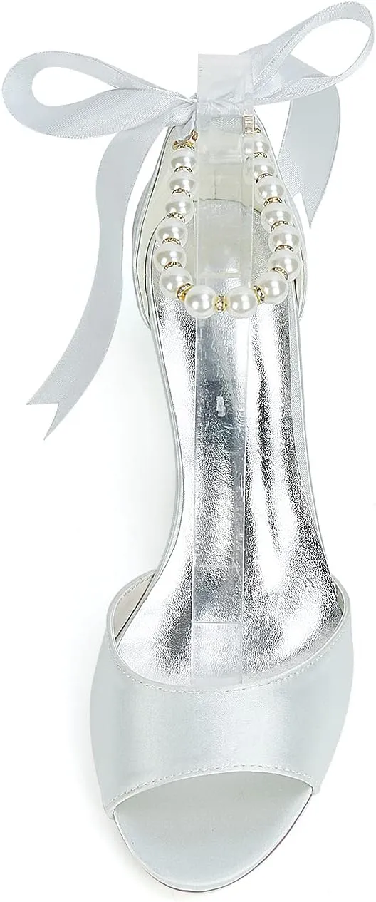 Anna's Bridal Women's Pearl Wedding Shoes for Bride Wedges Low Heel Comfortable Satin Shoes Peep Toe S Strap Formal Prom Party Shoes Sandals