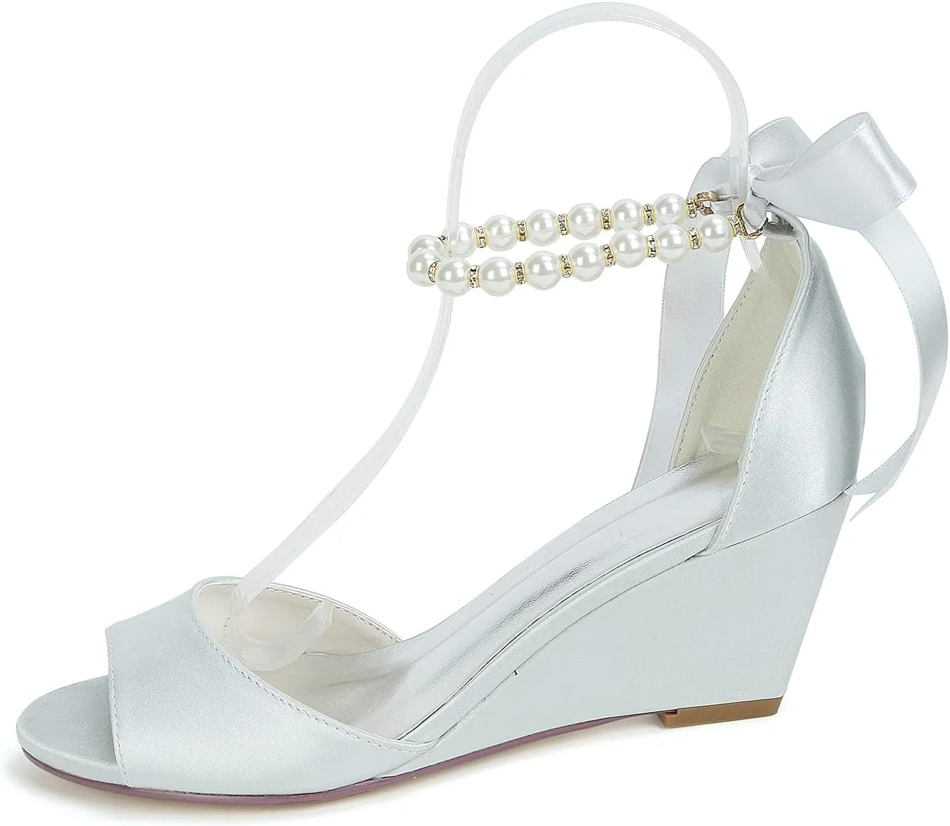 Anna's Bridal Women's Pearl Wedding Shoes for Bride Wedges Low Heel Comfortable Satin Shoes Peep Toe S Strap Formal Prom Party Shoes Sandals