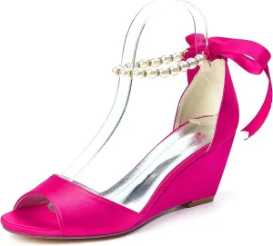 Anna's Bridal Women's Pearl Wedding Shoes for Bride Wedges Low Heel Comfortable Satin Shoes Peep Toe S Strap Formal Prom Party Shoes Sandals