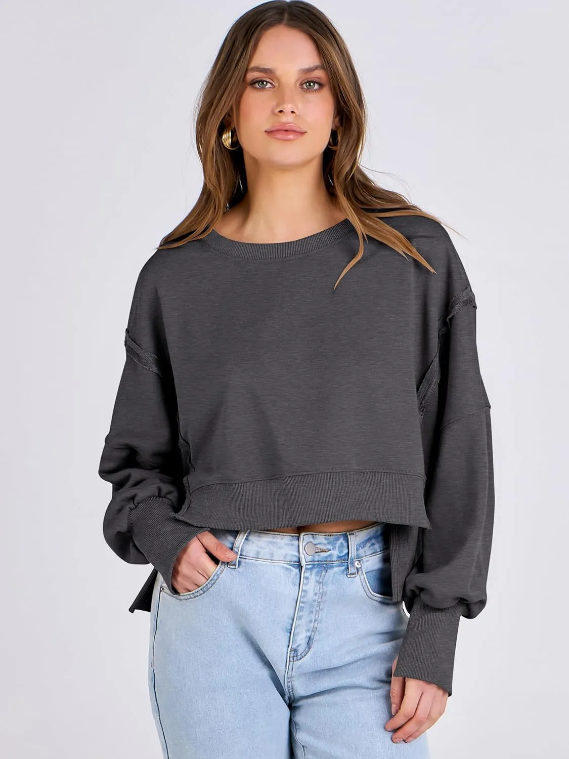 ANRABESS Womens Cropped Sweatshirts Oversized Crewneck Long Sleeve Tops 2025 Fall Winter Loose Pullover Teen Girls Clothes