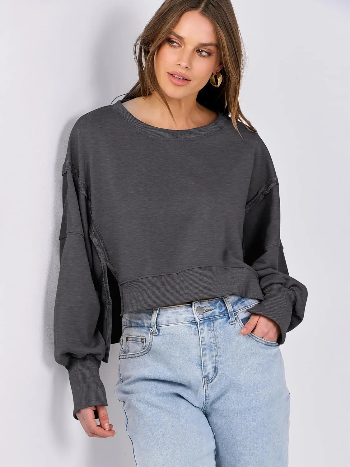 ANRABESS Womens Cropped Sweatshirts Oversized Crewneck Long Sleeve Tops 2025 Fall Winter Loose Pullover Teen Girls Clothes