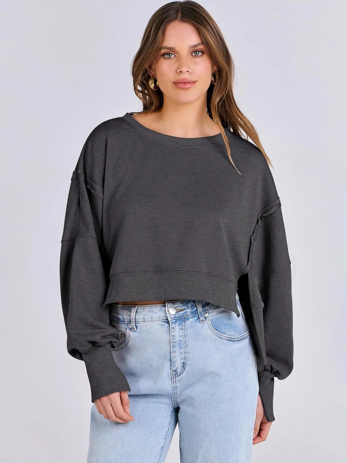ANRABESS Womens Cropped Sweatshirts Oversized Crewneck Long Sleeve Tops 2025 Fall Winter Loose Pullover Teen Girls Clothes