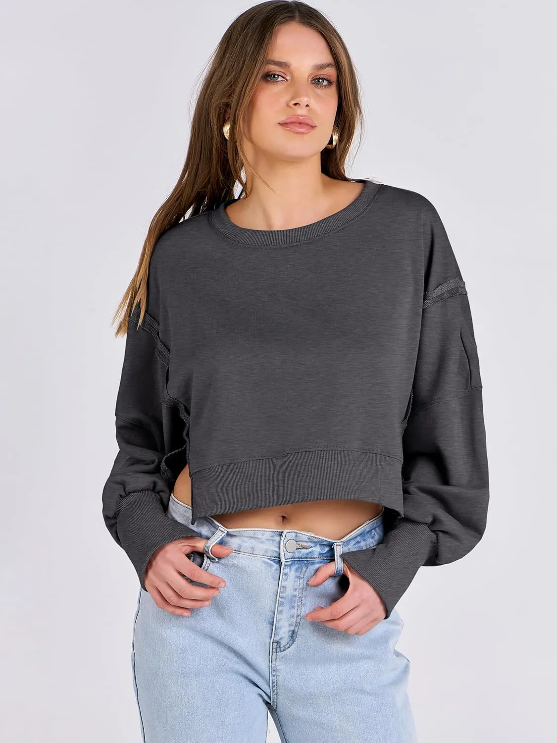 ANRABESS Womens Cropped Sweatshirts Oversized Crewneck Long Sleeve Tops 2025 Fall Winter Loose Pullover Teen Girls Clothes