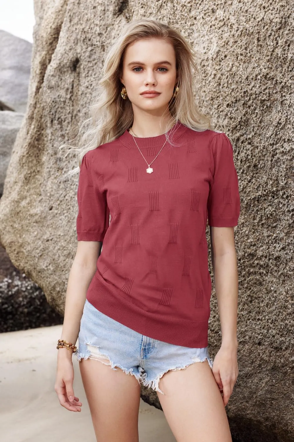 Arach&Cloz Womens Summer Tops Fashion Short Sleeve Sweaters Crew Neck Lightweight Knit Dressy Blouse 2025