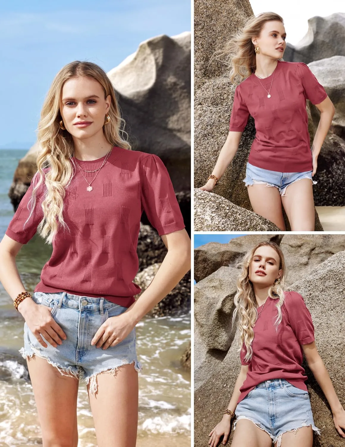 Arach&Cloz Womens Summer Tops Fashion Short Sleeve Sweaters Crew Neck Lightweight Knit Dressy Blouse 2025