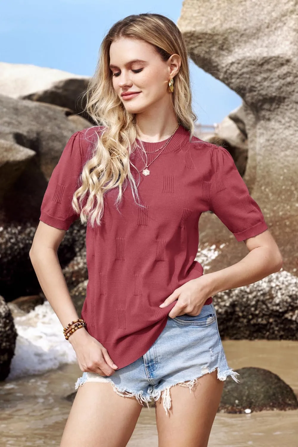Arach&Cloz Womens Summer Tops Fashion Short Sleeve Sweaters Crew Neck Lightweight Knit Dressy Blouse 2025