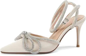 Arqa Rhinestone Bow Heels for Women Pointed Toe Crystal Ankle Strap Slingback Pumps Satin Stiletto High Heel Sandals Wedding Bridal Shoes