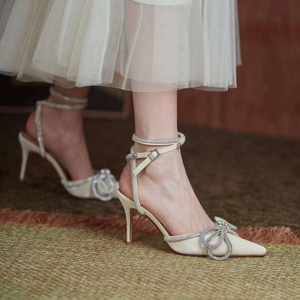 Arqa Rhinestone Bow Heels for Women Pointed Toe Crystal Ankle Strap Slingback Pumps Satin Stiletto High Heel Sandals Wedding Bridal Shoes