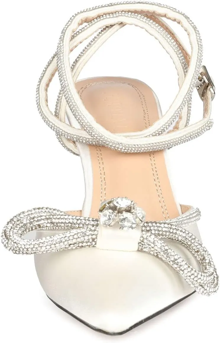 Arqa Rhinestone Bow Heels for Women Pointed Toe Crystal Ankle Strap Slingback Pumps Satin Stiletto High Heel Sandals Wedding Bridal Shoes