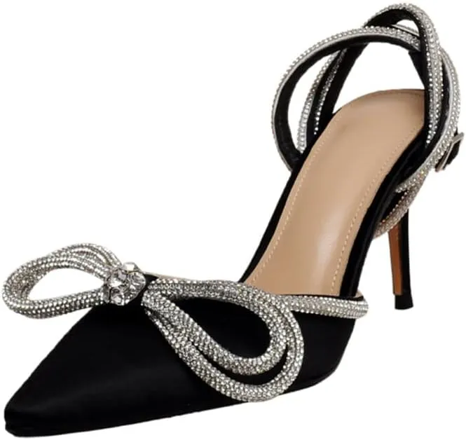 Arqa Rhinestone Bow Heels for Women Pointed Toe Crystal Ankle Strap Slingback Pumps Satin Stiletto High Heel Sandals Wedding Bridal Shoes