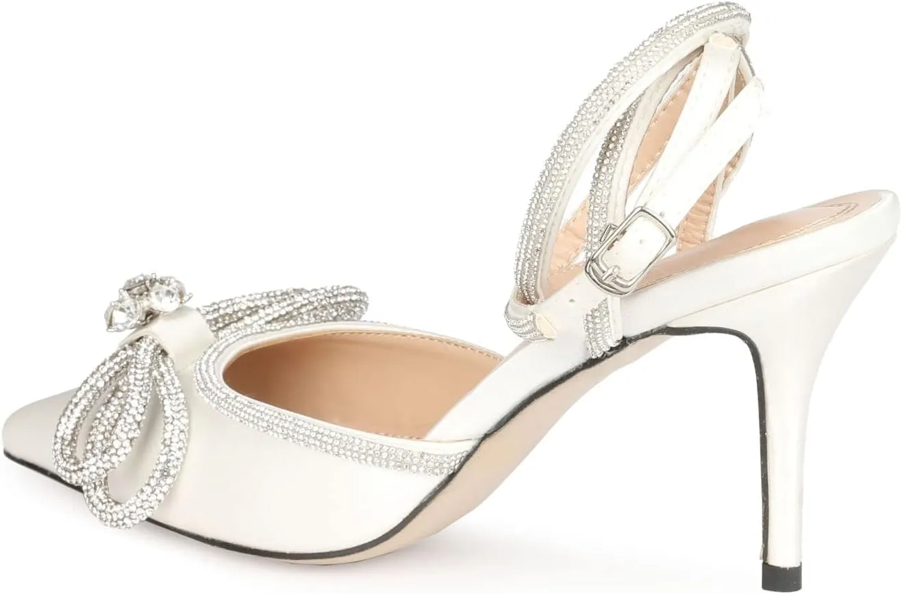 Arqa Rhinestone Bow Heels for Women Pointed Toe Crystal Ankle Strap Slingback Pumps Satin Stiletto High Heel Sandals Wedding Bridal Shoes