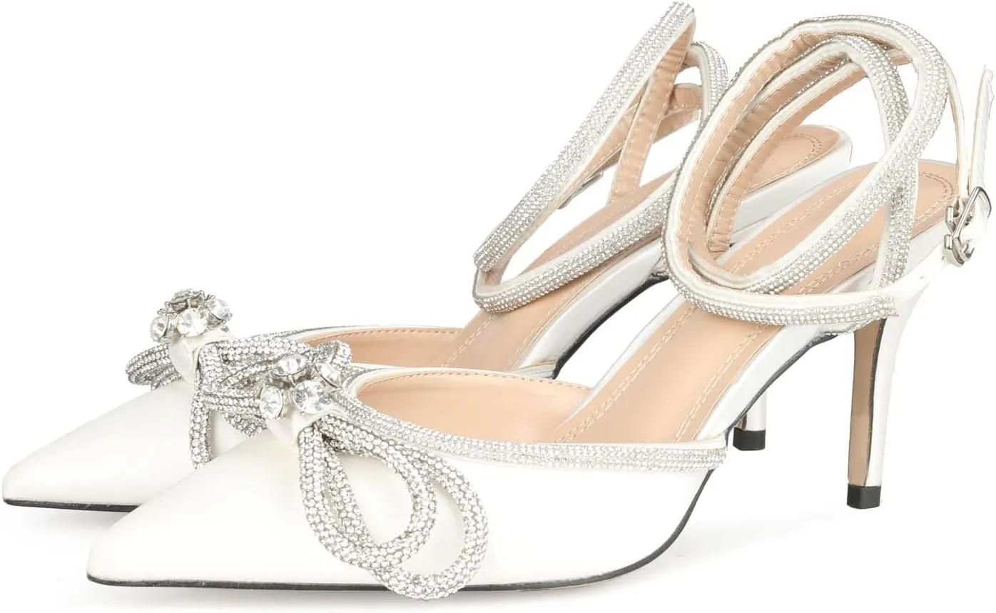 Arqa Rhinestone Bow Heels for Women Pointed Toe Crystal Ankle Strap Slingback Pumps Satin Stiletto High Heel Sandals Wedding Bridal Shoes