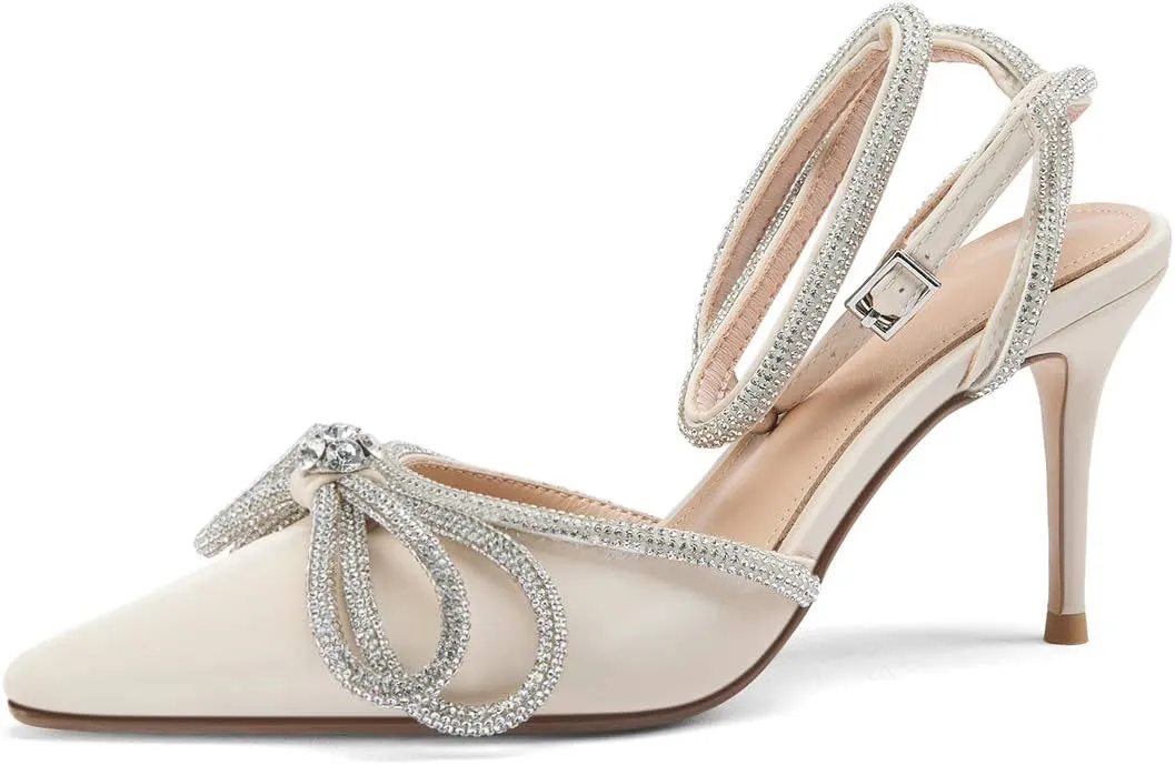 Arqa Rhinestone Bow Heels for Women Pointed Toe Crystal Ankle Strap Slingback Pumps Satin Stiletto High Heel Sandals Wedding Bridal Shoes