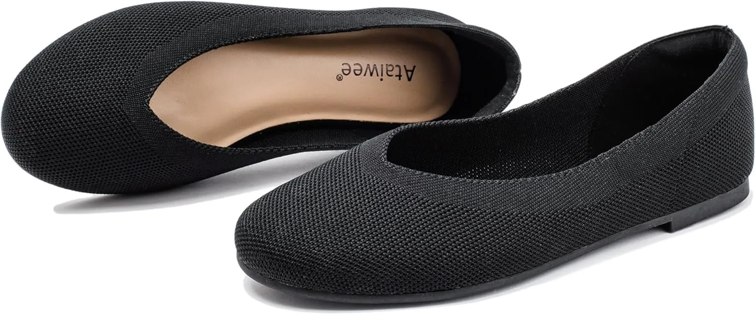 Ataiwee Women's Wide Width Flat Shoes - Fashion Dressy Knitted Soft Breathable Comfort Slip-On Ballet Flats.