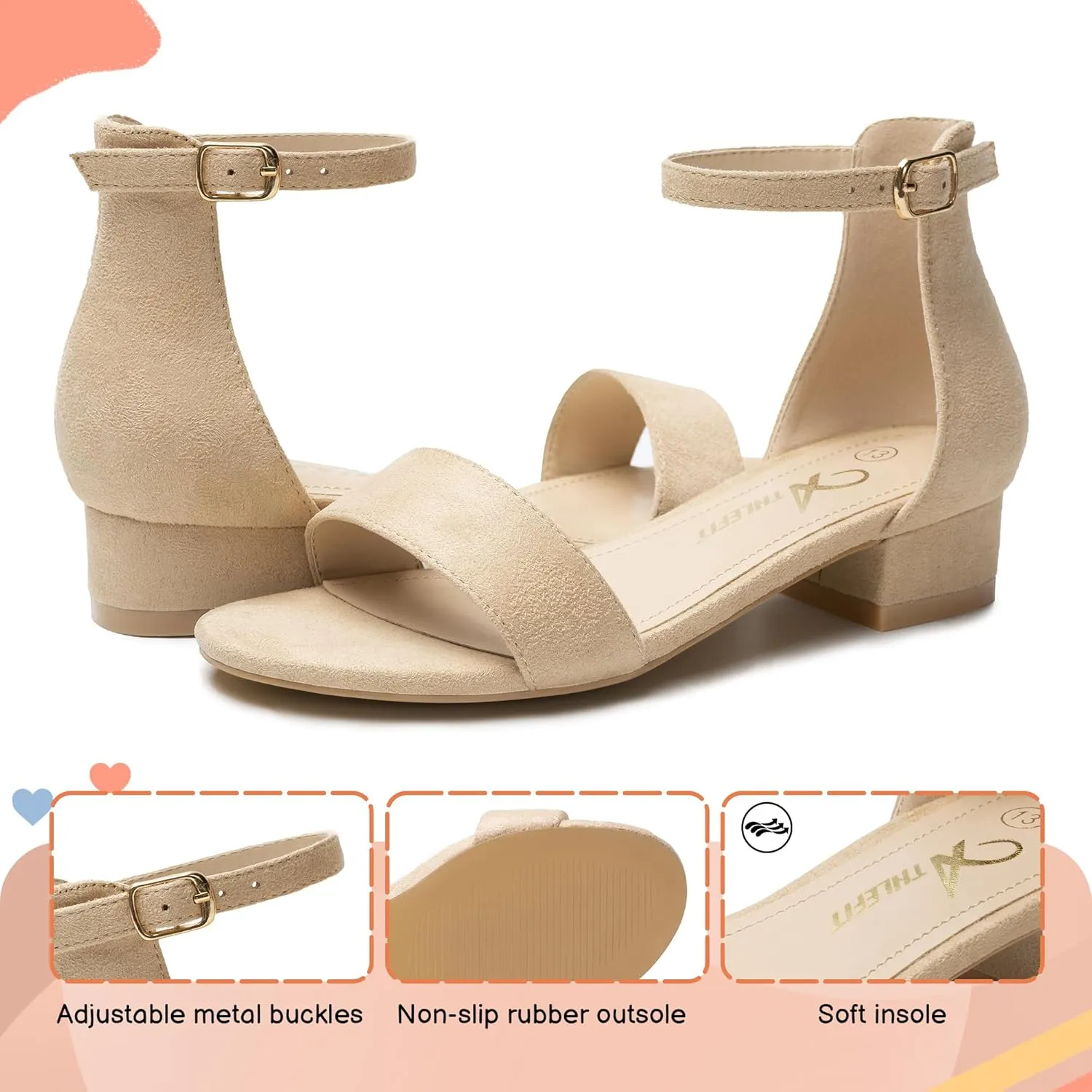 Athlefit Girls Sandals Open Toe Ankle Strap Low Heels Girl Dress Shoes For Toddler Little Big Kid