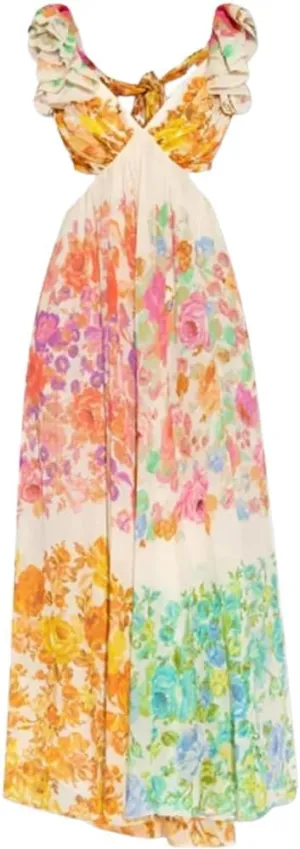 Aurelio Floral Summer Dress, Women's Boho V Neck Floral Midi Dress (Multi-Color,Large)