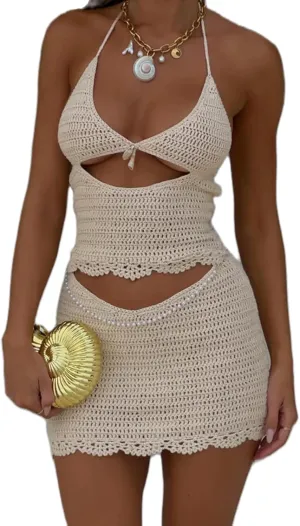 Awoscut Womens Mini Crochet Dress Halter Neck Adjustable Tie Back Backless Summer Party Club Beach Bodycon Knit Dresses